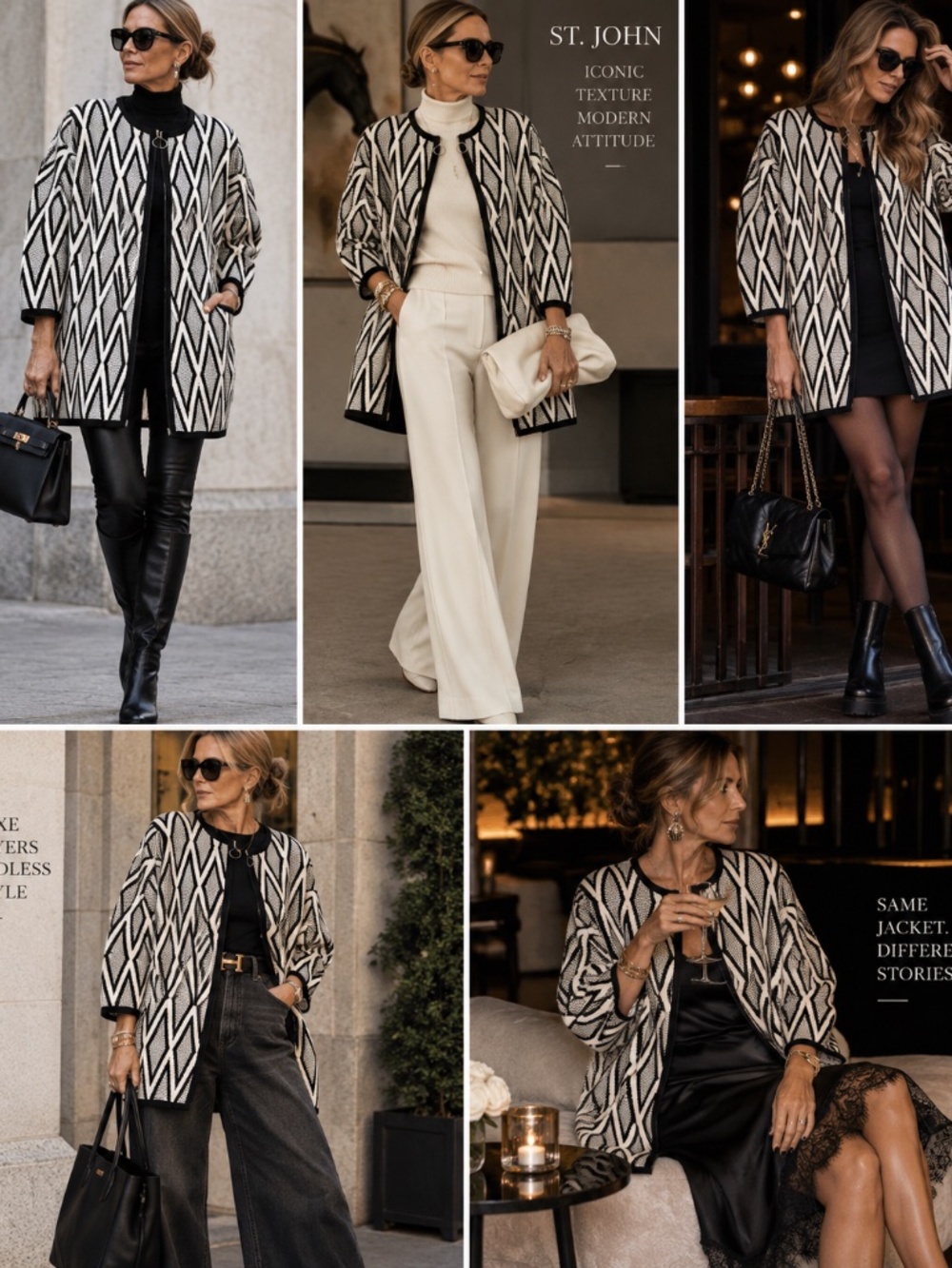 St. John Nisi Jacquard Knit Full-Zip Cardigan Women's Size M Diamond Pattern